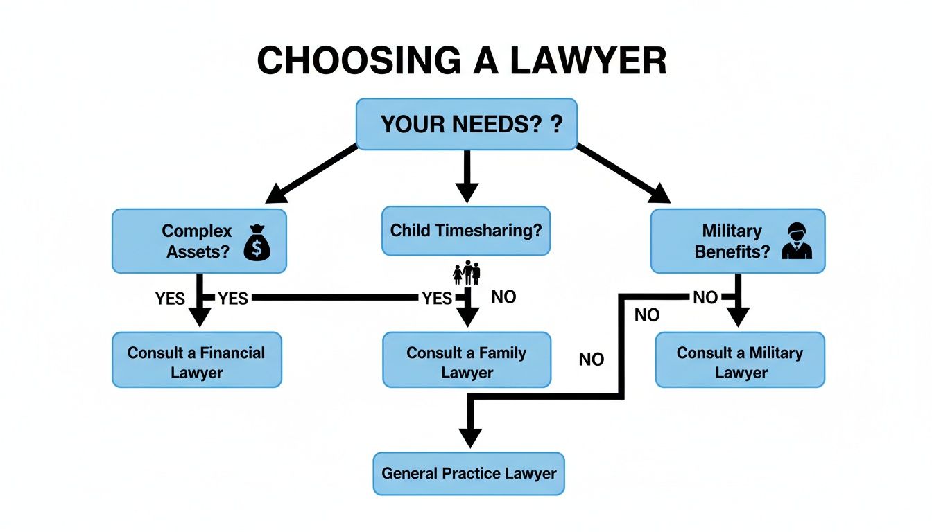 Flowchart guiding users to choose a lawyer based on needs like complex assets, child timesharing, or military benefits.