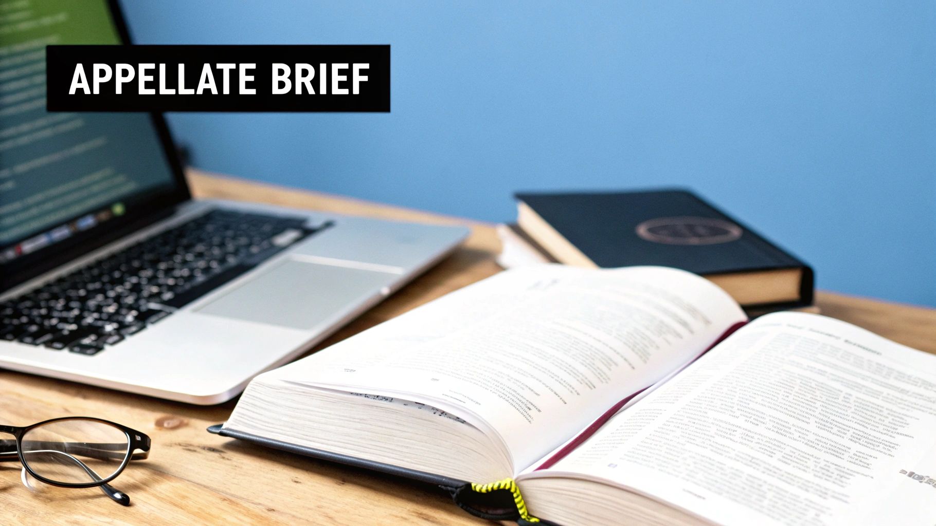 Desk with laptop, open law book, and eyeglasses, with 'APPELLATE BRIEF' text.