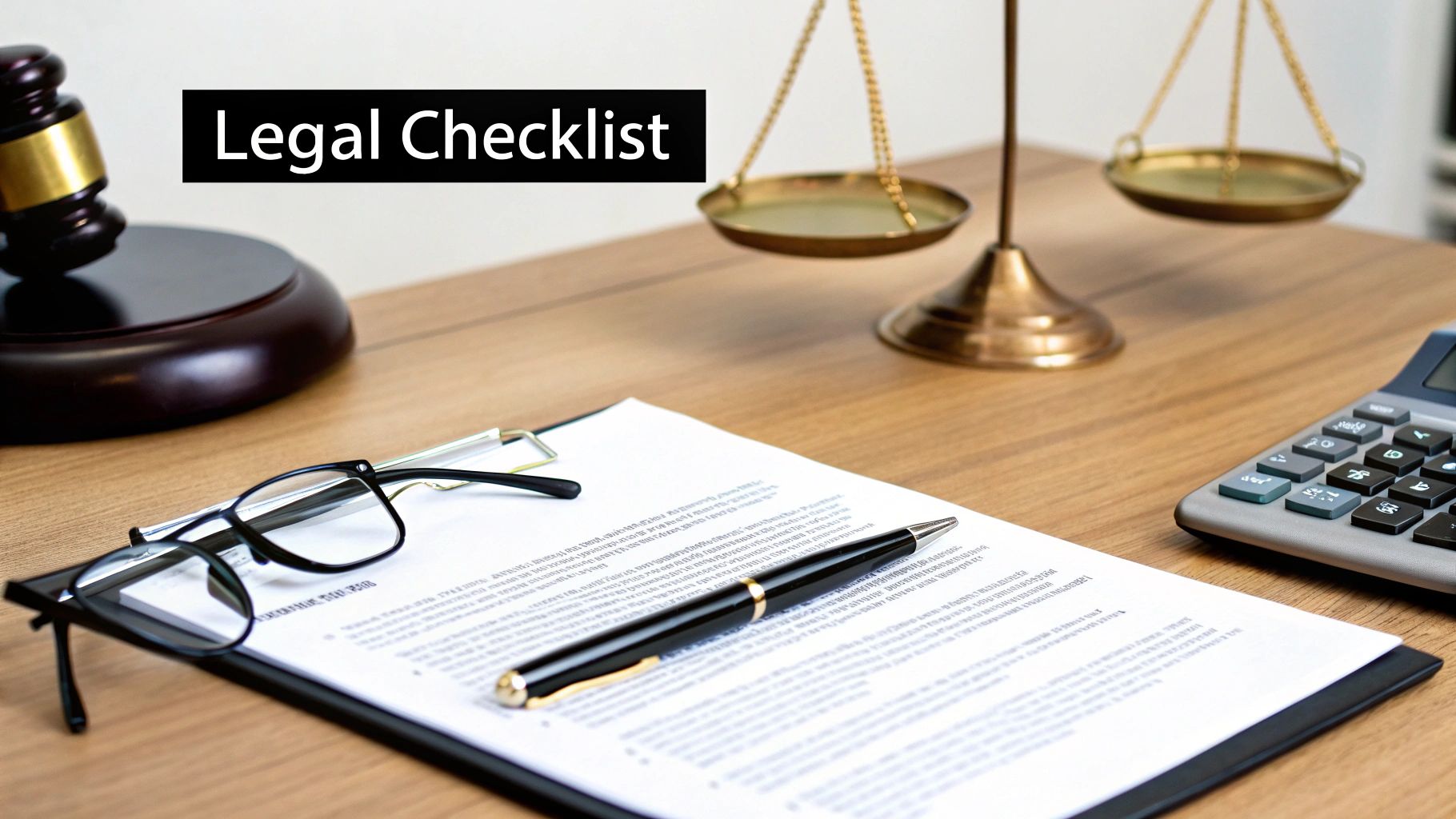 A legal desk with a gavel, scales of justice, documents, a pen, and a 'Legal Checklist' banner.