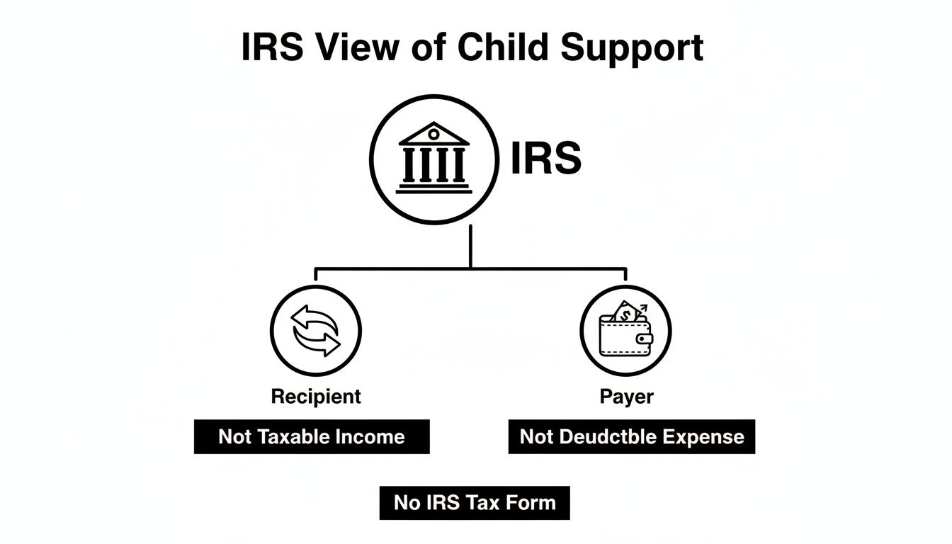 Diagram illustrating the IRS view of child support, showing it's not taxable for recipients and not deductible for payers.