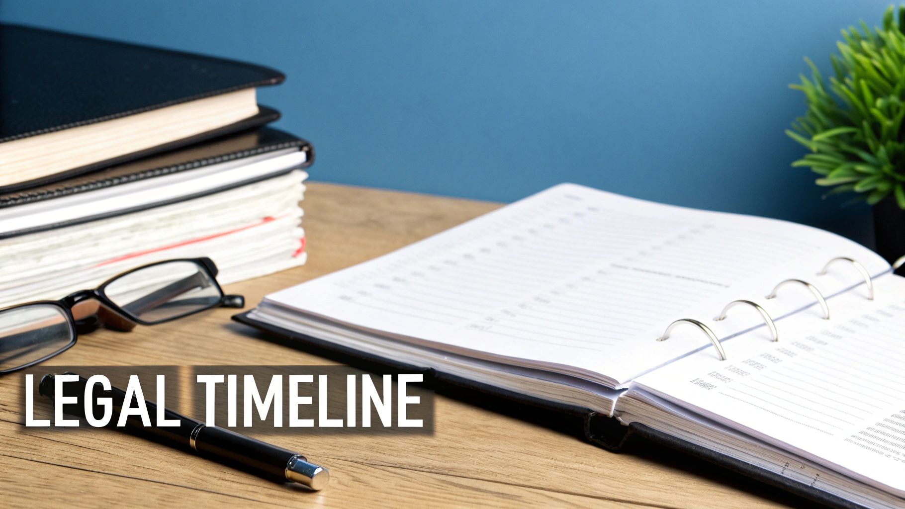 A desk with legal books, glasses, a pen, and an open planner, featuring 'LEGAL TIMELINE' text.