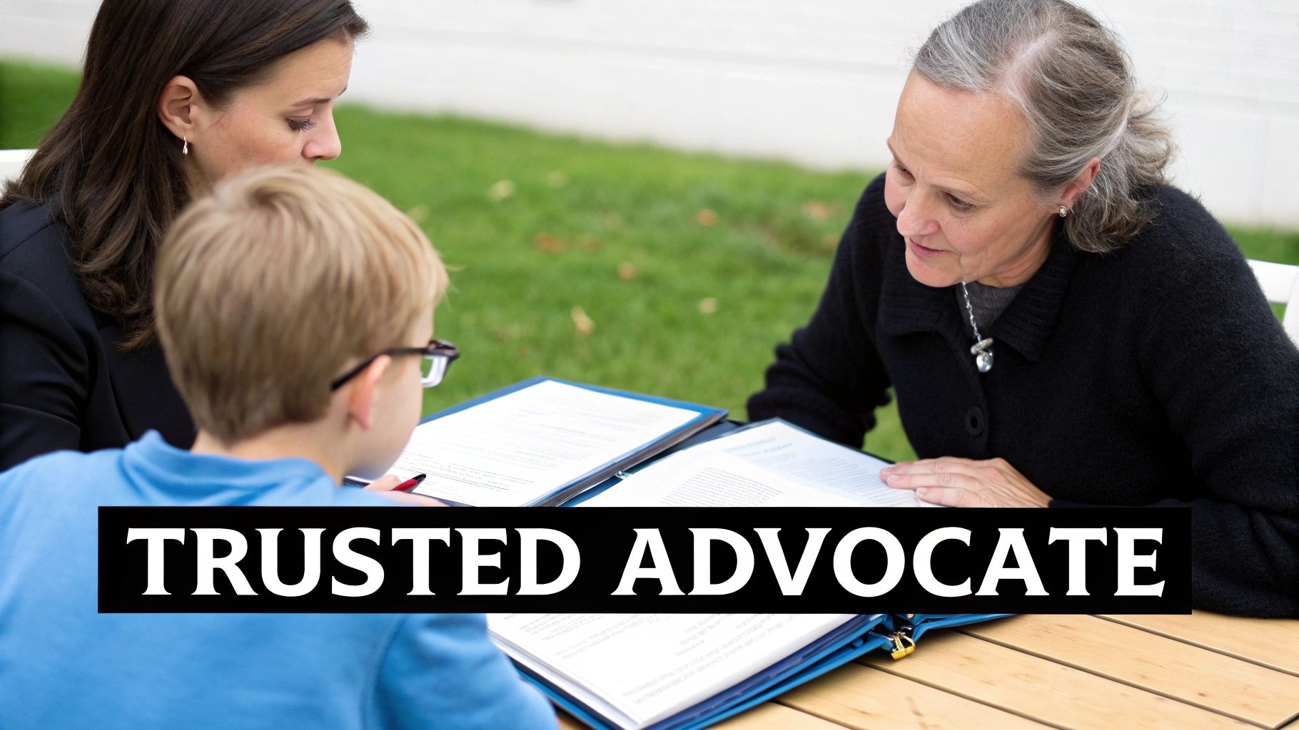 Three people, two adults and one child, reviewing legal documents together outdoors with 'TRUSTED ADVOCATE' text.