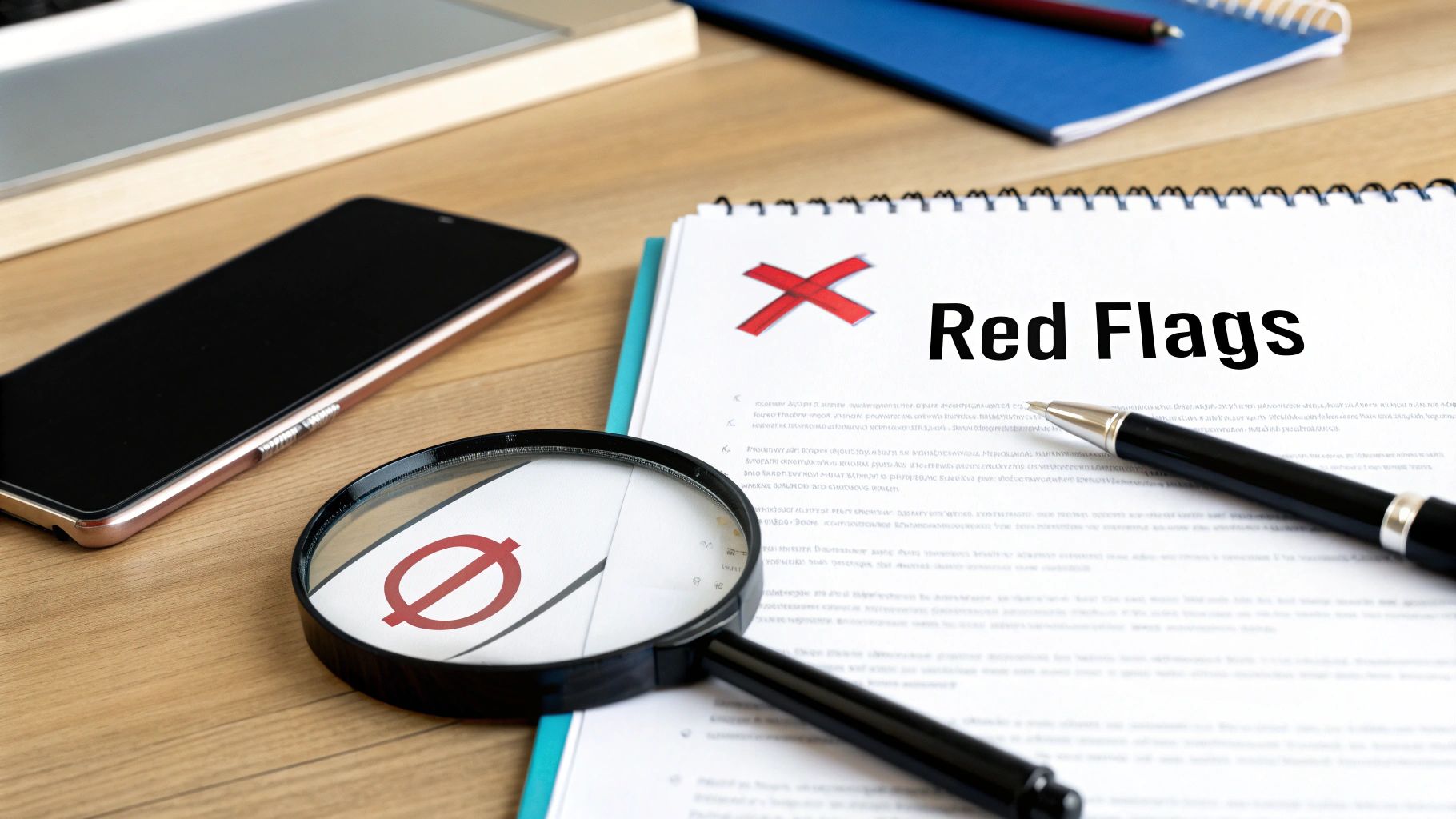 A document titled 'Red Flags' with a red X, a pen, magnifying glass, and smartphone on a wooden desk.