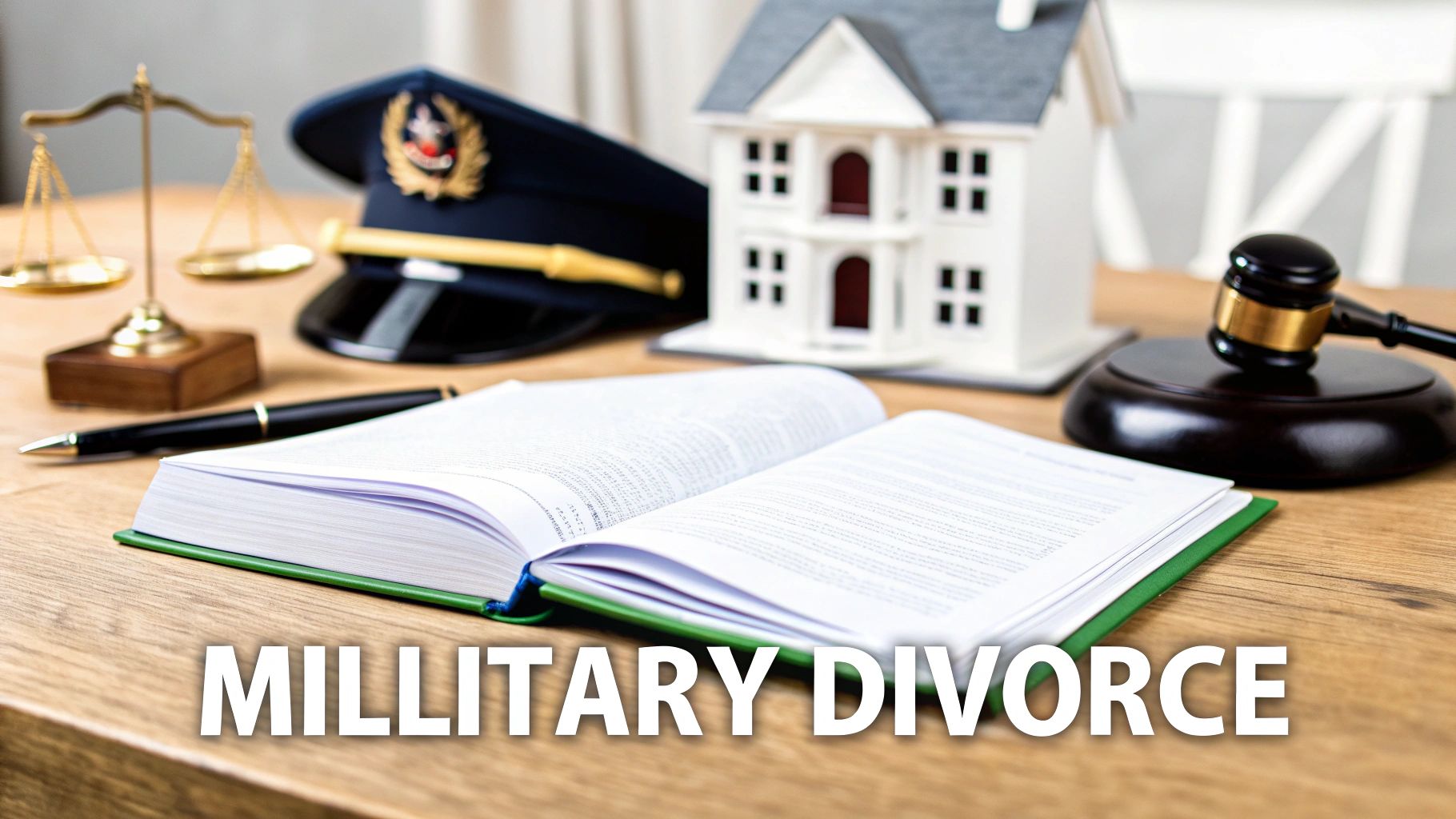 Table with military cap, scales of justice, gavel, house model, open book, and pen for military divorce.