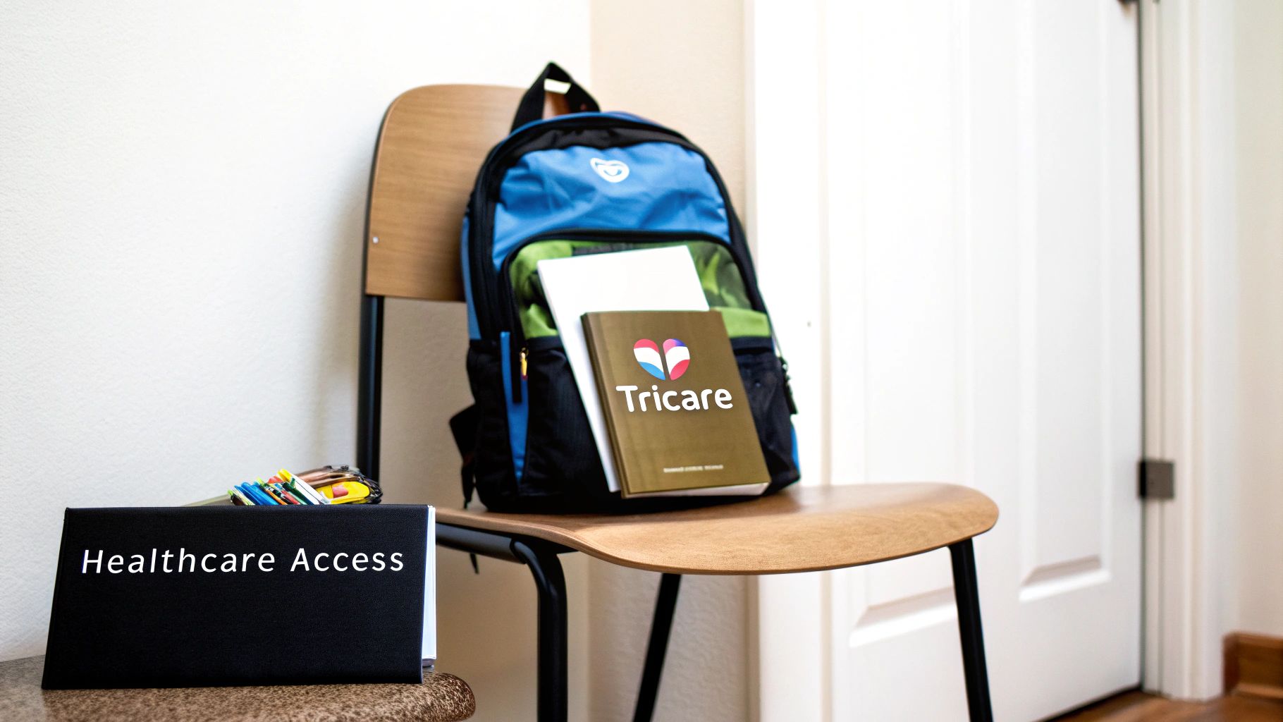A blue backpack with a Tricare book sits on a chair next to a 'Healthcare Access' sign.