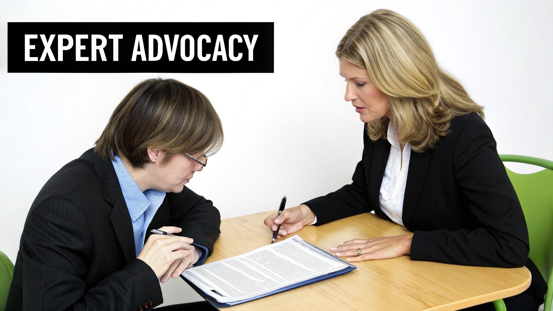 Two businesswomen in suits review a document at a table, one writes, highlighting expert advocacy.