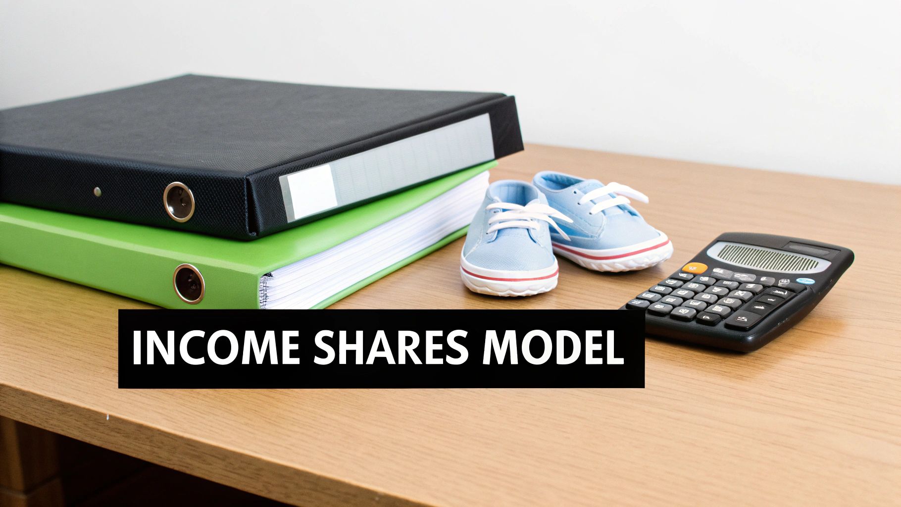 A stack of binders, baby shoes, and a calculator on a desk, with text 'INCOME SHARES MODEL'.