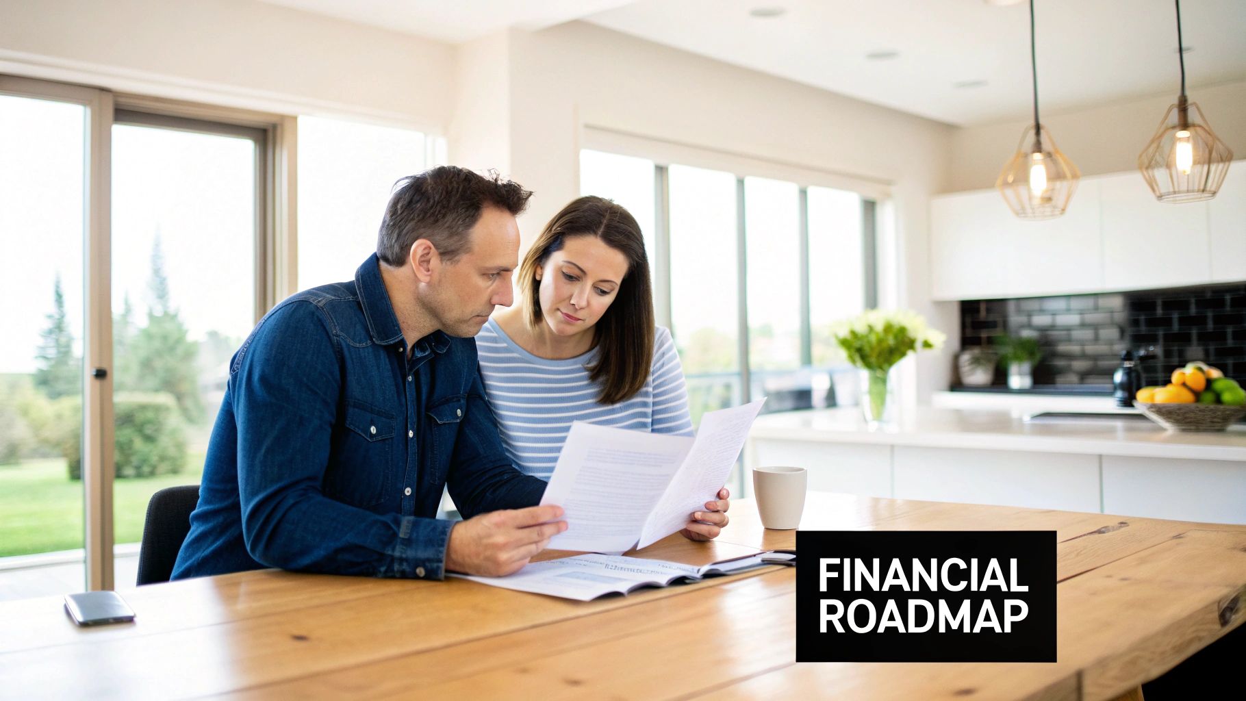A couple reviews financial documents at a wooden table in their bright, modern home.