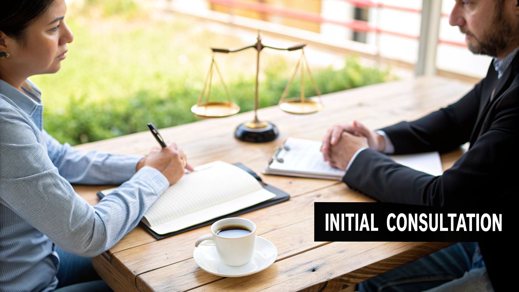 Two people, a lawyer and a client, having an initial legal consultation at a wooden table.
