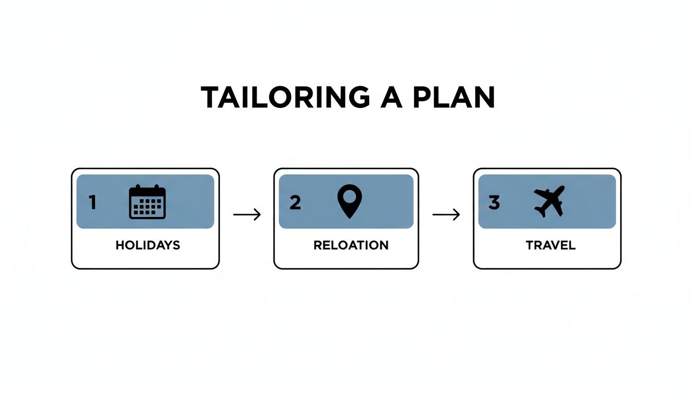 A diagram illustrating three steps for tailoring a plan: holidays, relocation, and travel.