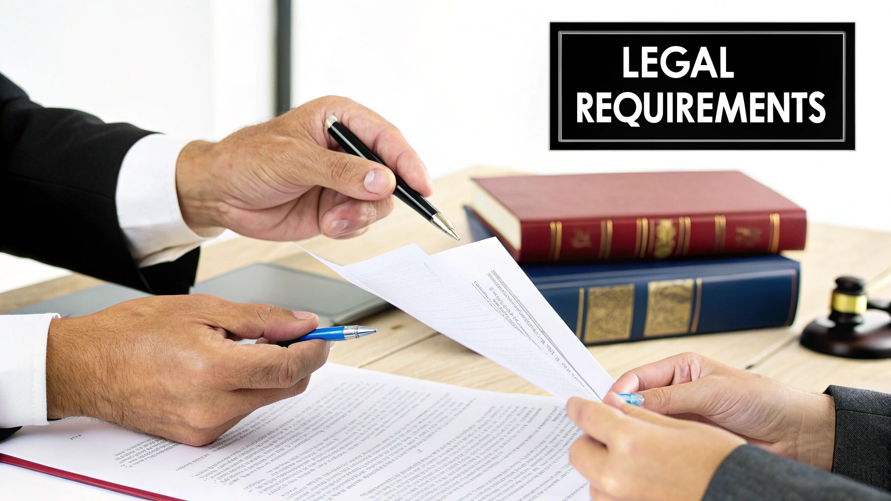 Hands reviewing legal documents with pens, stacked law books, and a gavel, under a 'LEGAL REQUIREMENTS' sign.