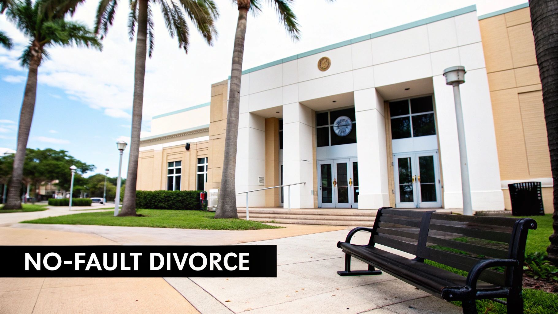 A courthouse building with palm trees, a bench, and a path. Text says "NO-FAULT DIVORCE."