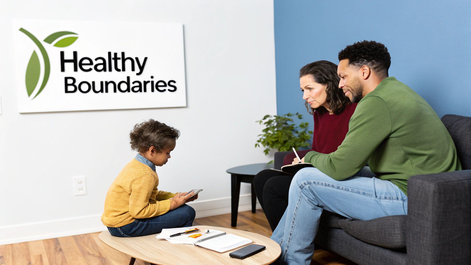 A diverse family in a counseling setting with a "Healthy Boundaries" sign, parents on a couch, child on tablet.
