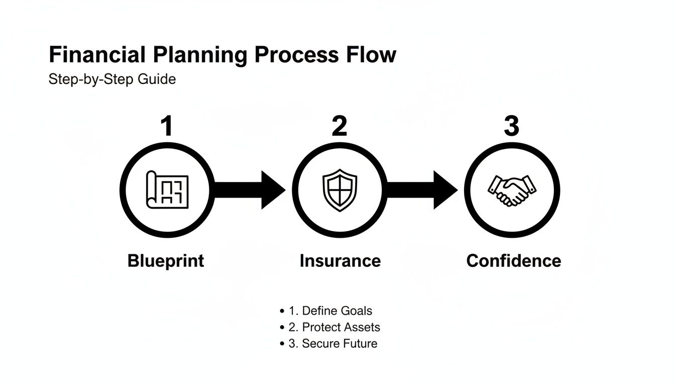 Financial planning process flow with steps: Blueprint, Insurance, and Confidence, explaining goals and future security.