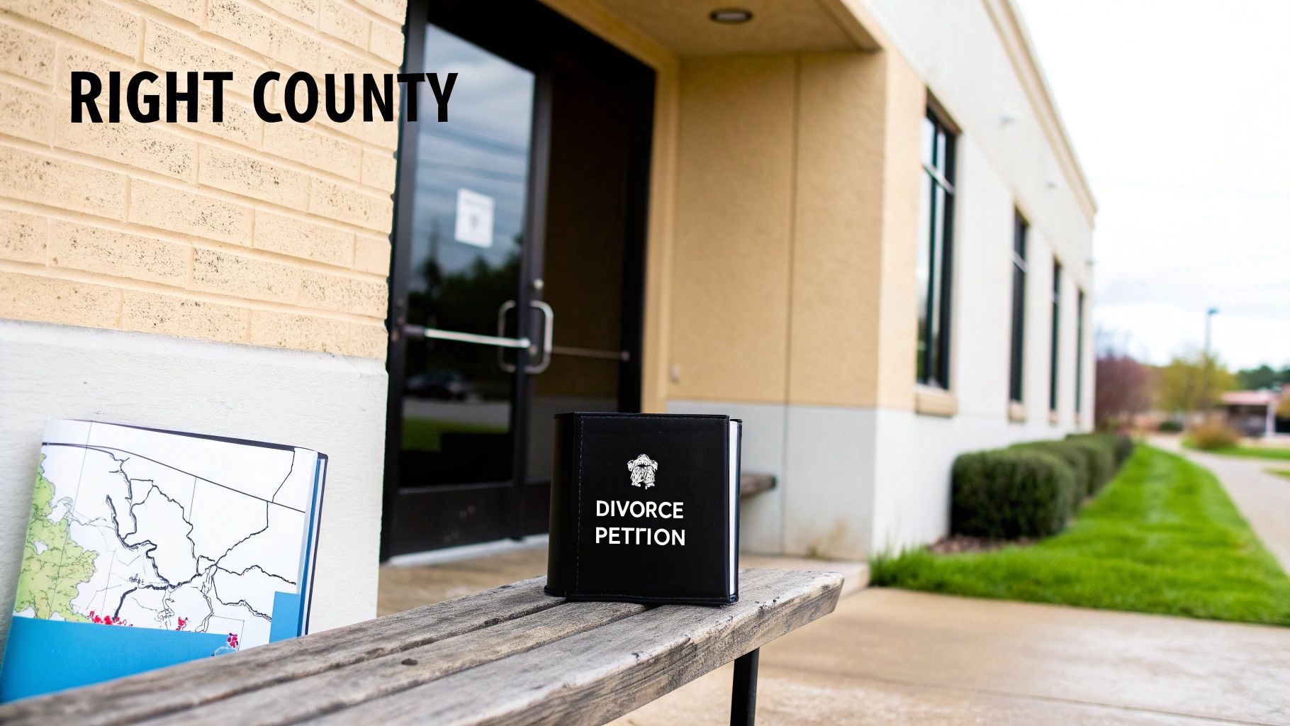 A 'Divorce Petition' binder and a map on a wooden bench outside a building, with 'RIGHT COUNTY' text.