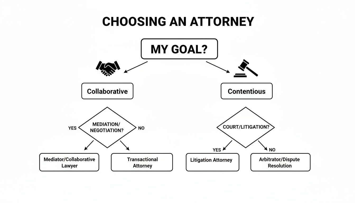 Flowchart guiding attorney selection based on collaborative vs. contentious legal goals.
