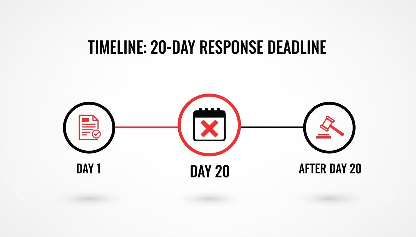 Timeline graphic showing a 20-day response deadline, from document receipt to legal action.
