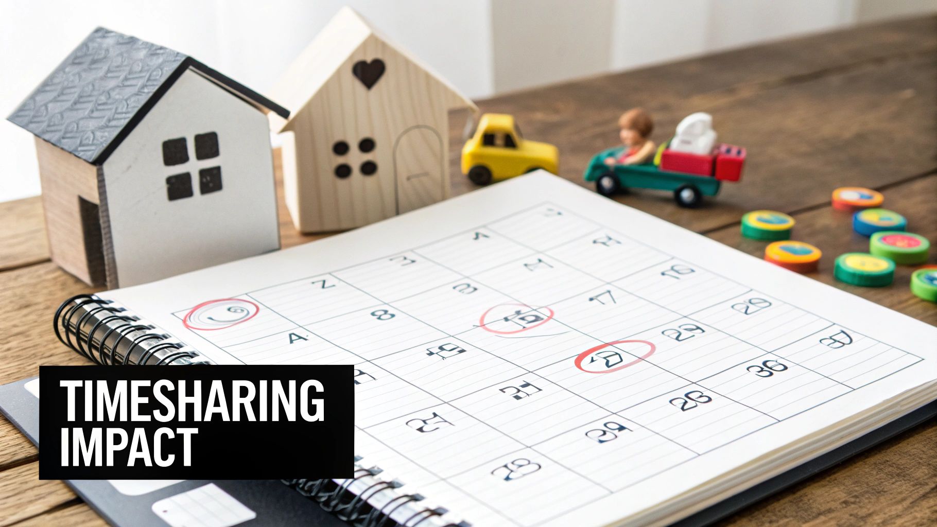 Miniature houses, a calendar with circled dates, and toy cars, representing timesharing impact.