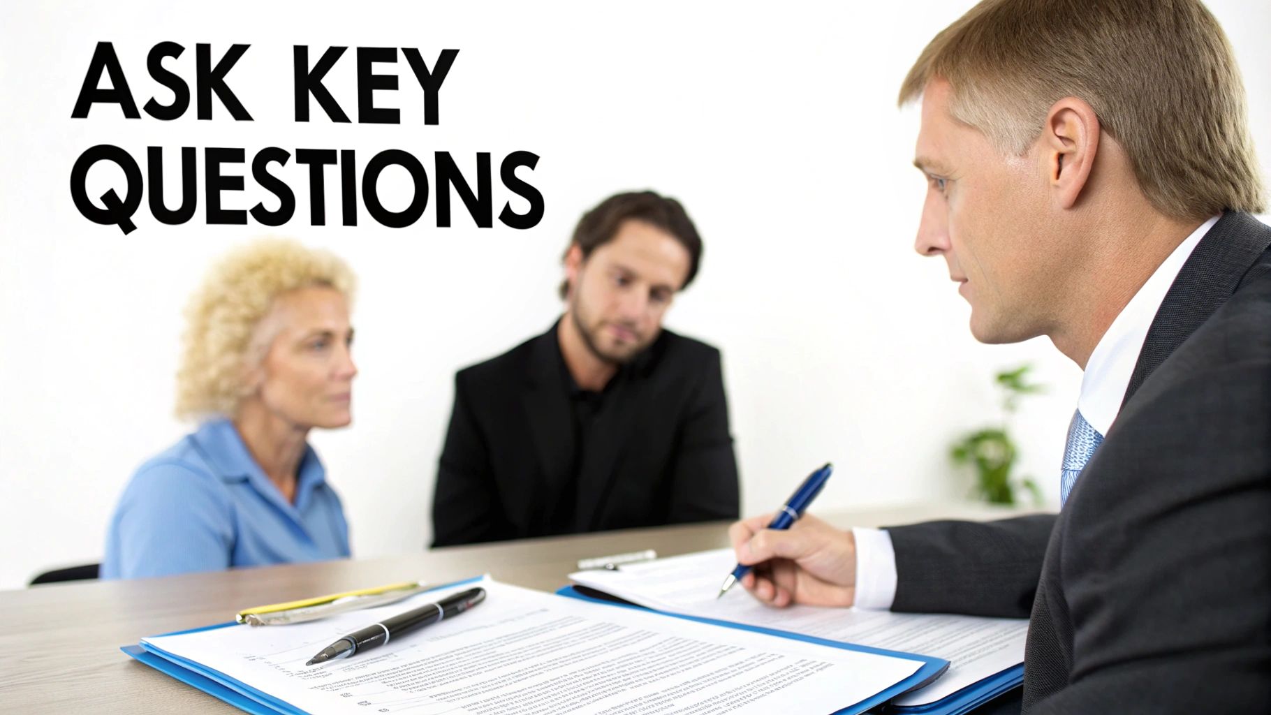 Three people in a consultation: a man writing, two others listening, with text 'ASK KEY QUESTIONS'.