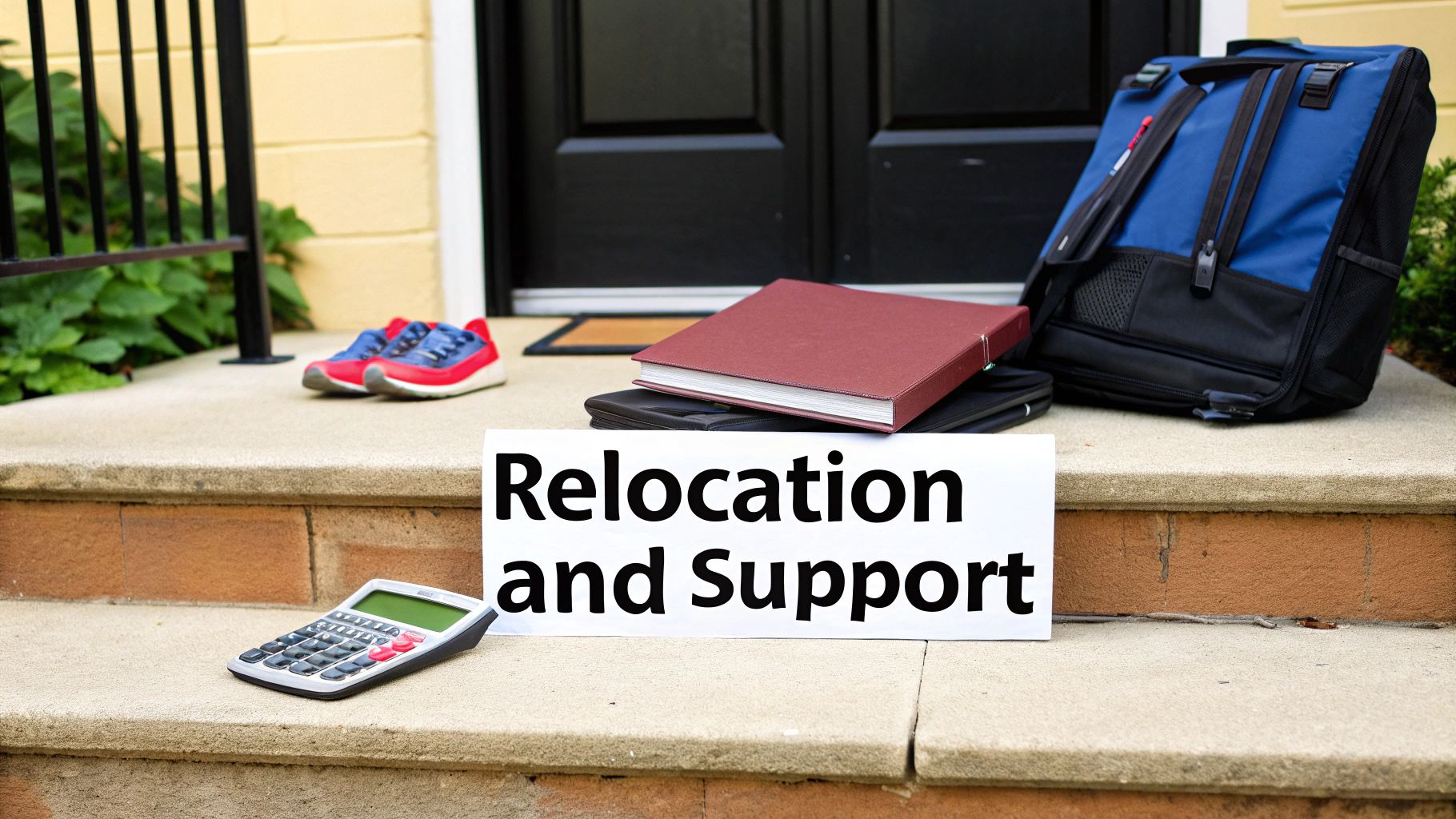 A sign on a doorstep reads 'Relocation and Support', with a calculator, books, bag, and shoes.