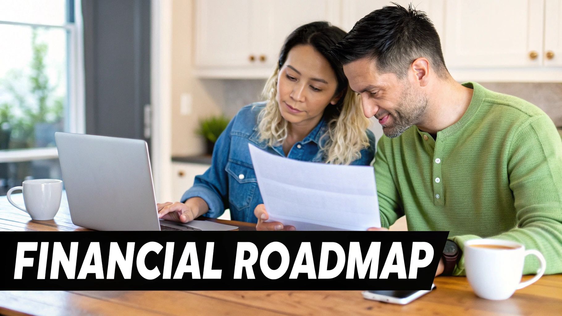 A couple reviewing financial documents and using a laptop at their kitchen table.