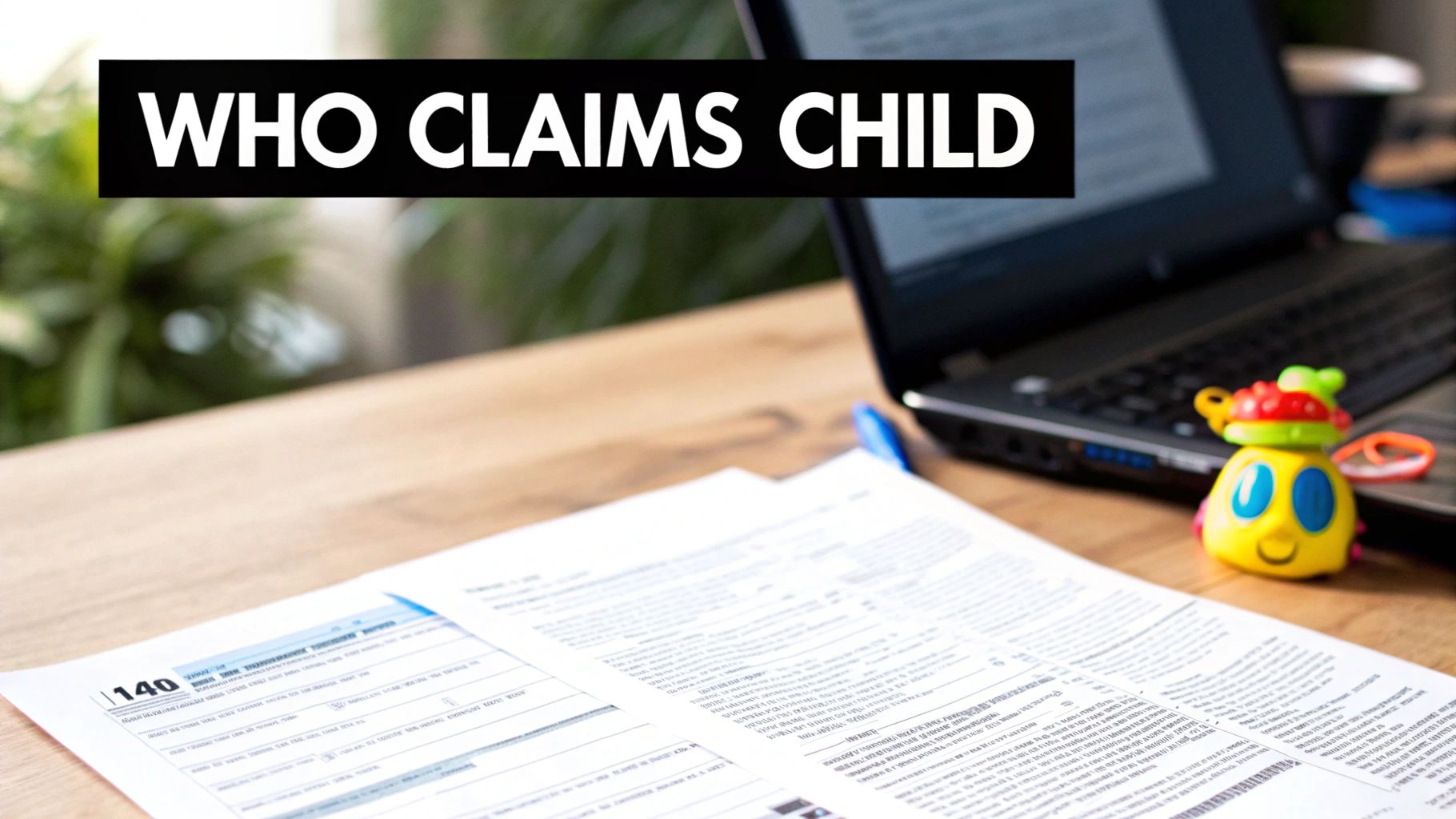 A black banner with white text 'WHO CLAIMS CHILD' over tax forms, a laptop, and a toy on a wooden desk.