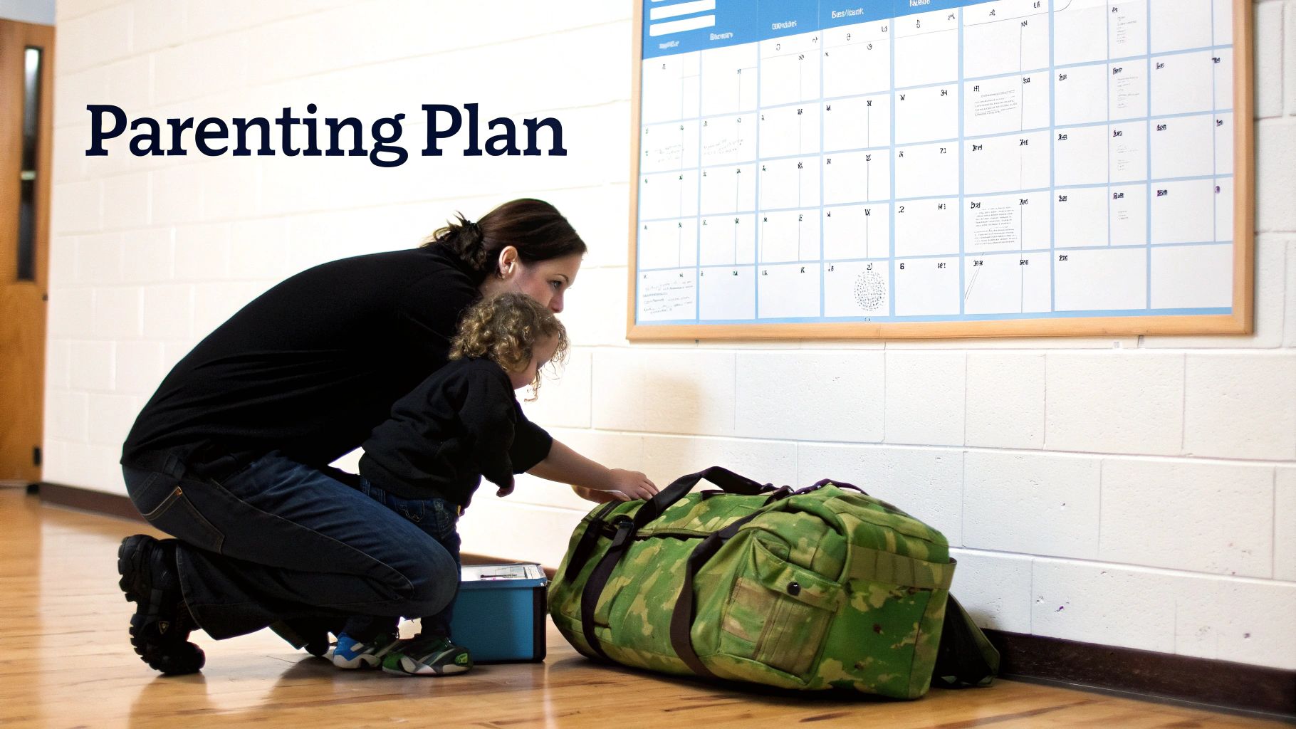 A woman and child pack a camouflage duffel bag next to a "Parenting Plan" text overlay.