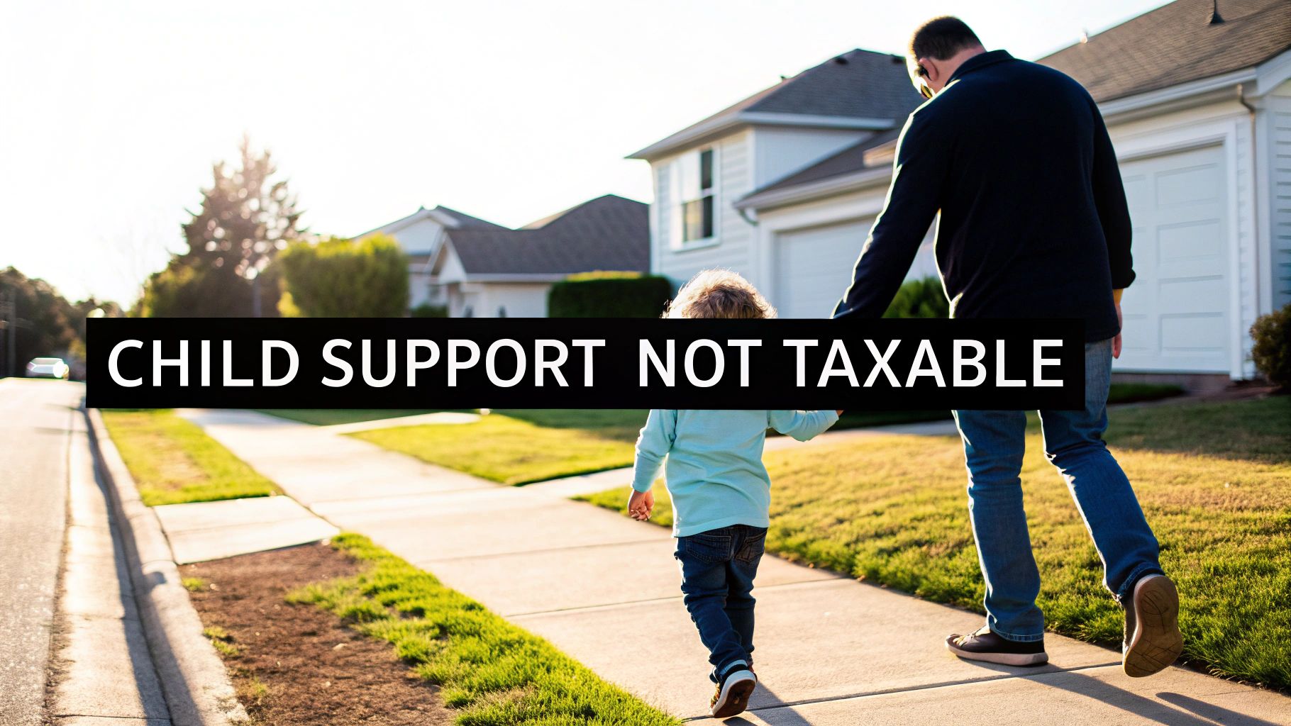 Father and child walk on a sunny sidewalk with text 'CHILD SUPPORT NOT TAXABLE'.