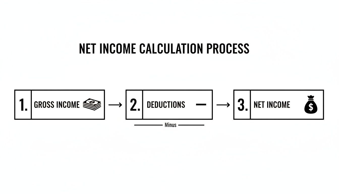 Flowchart explaining how to calculate net income: Gross Income minus Deductions equals Net Income.