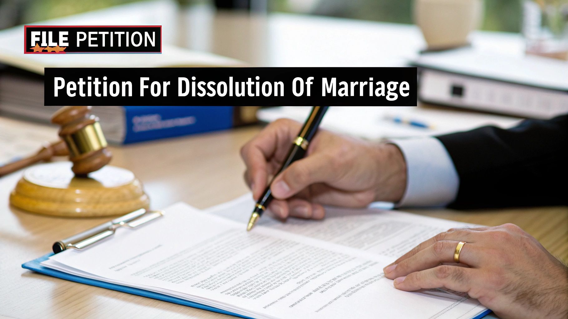 Close-up of a person signing a 'Petition For Dissolution Of Marriage' document with a pen.