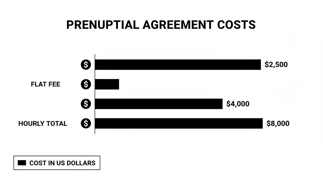 Bar chart illustrating various prenuptial agreement costs, including flat fees and hourly totals, in US dollars.