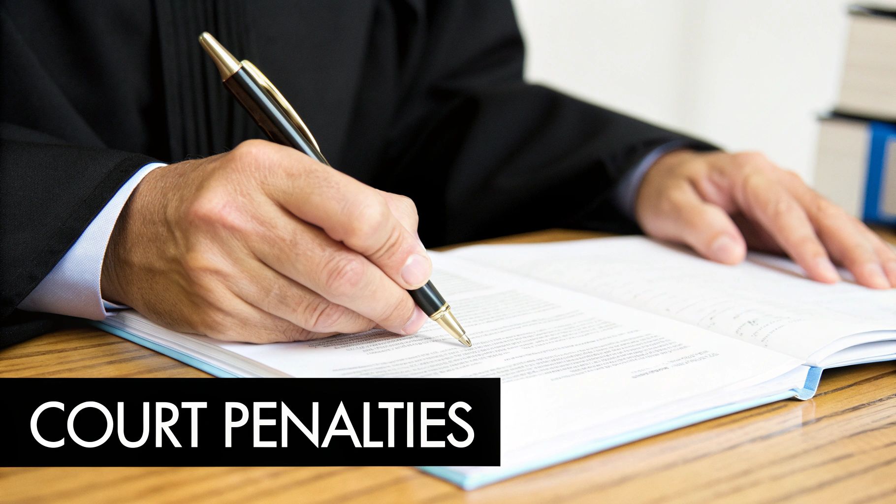 A person in judicial attire writing in a legal document with a pen, overlaid with 'COURT PENALTIES'.