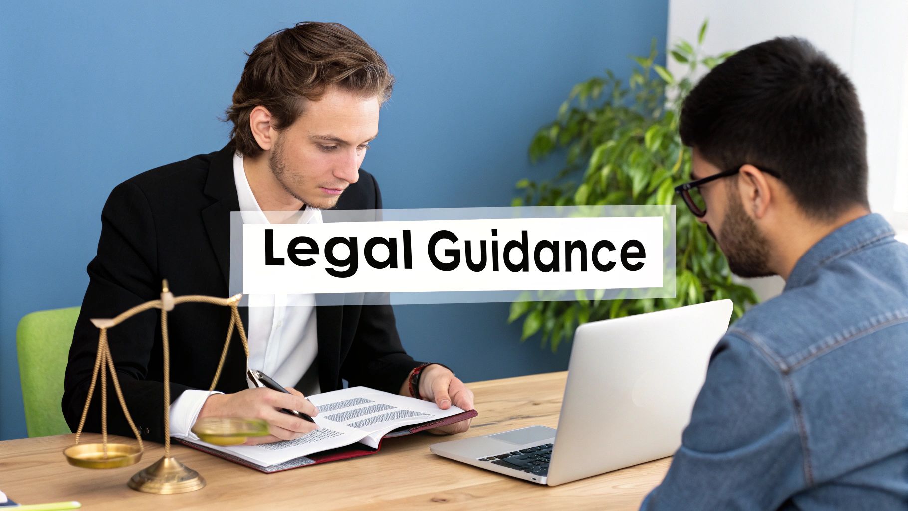 A lawyer provides legal guidance to a client, with scales of justice on the wooden desk.