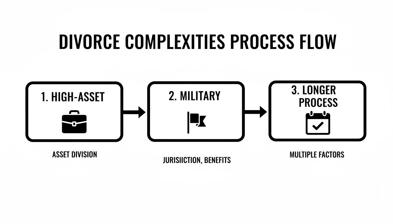 A flow chart illustrating three complexities in divorce: high-asset, military, and longer process.