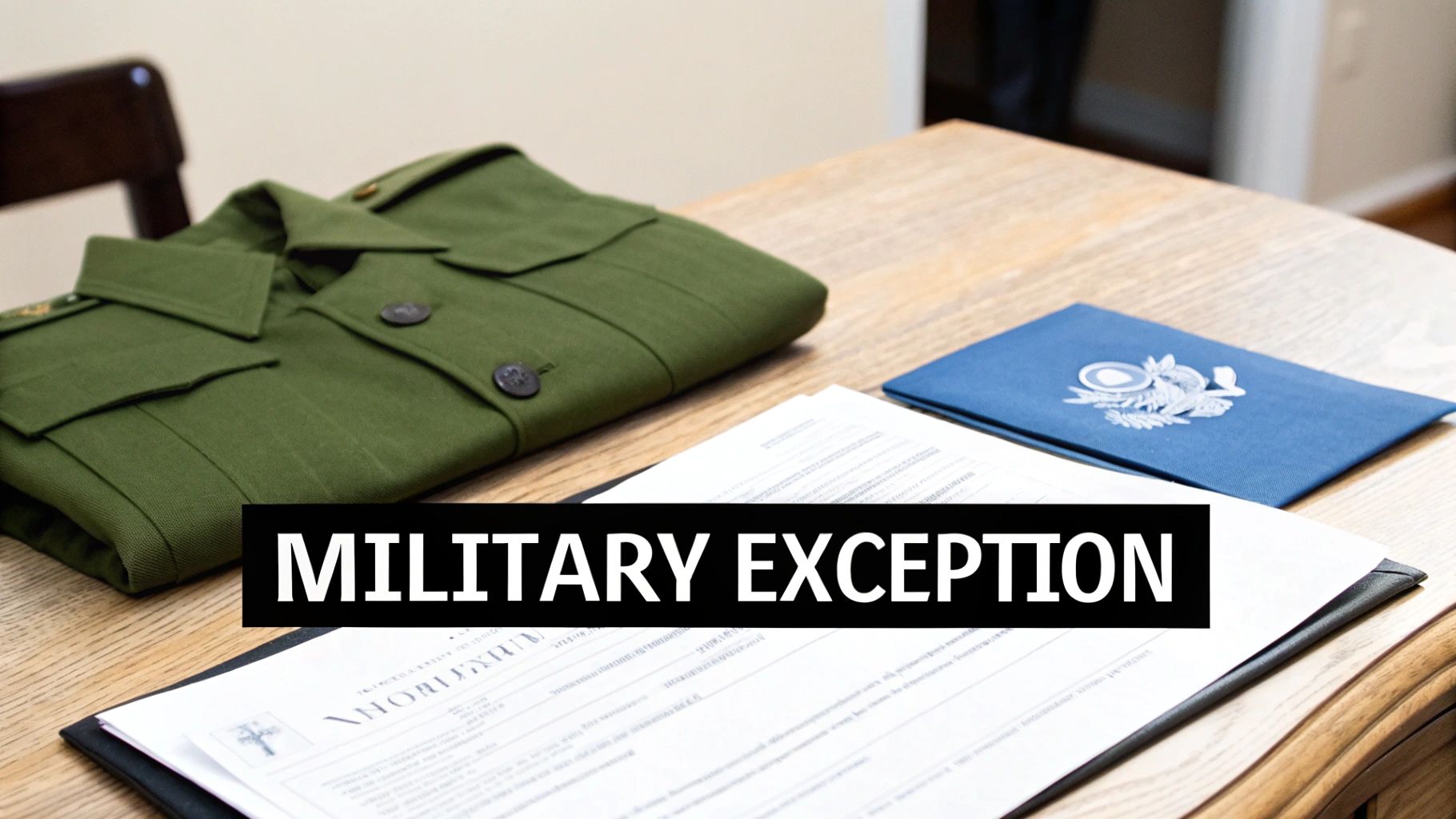 A green military uniform, official documents, and a blue folder on a wooden table.