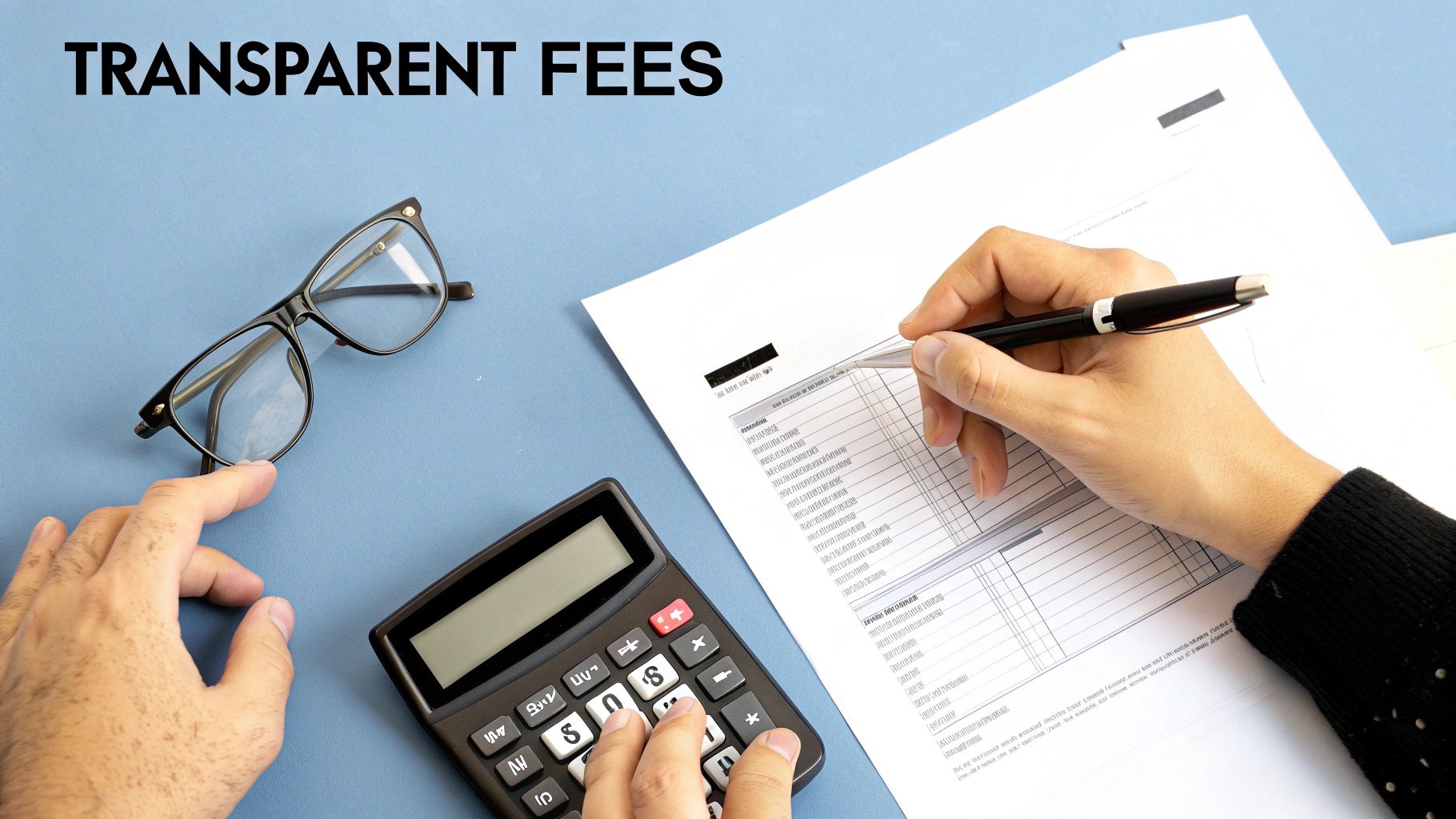 Hands calculating on a calculator and writing on a document, emphasizing transparent fees.