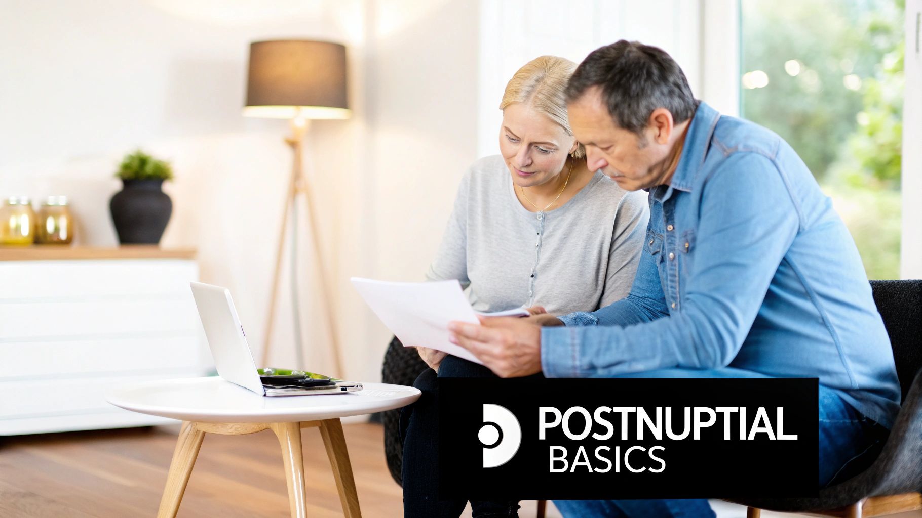A middle-aged couple seriously reviewing documents, likely a postnuptial agreement, in their home.