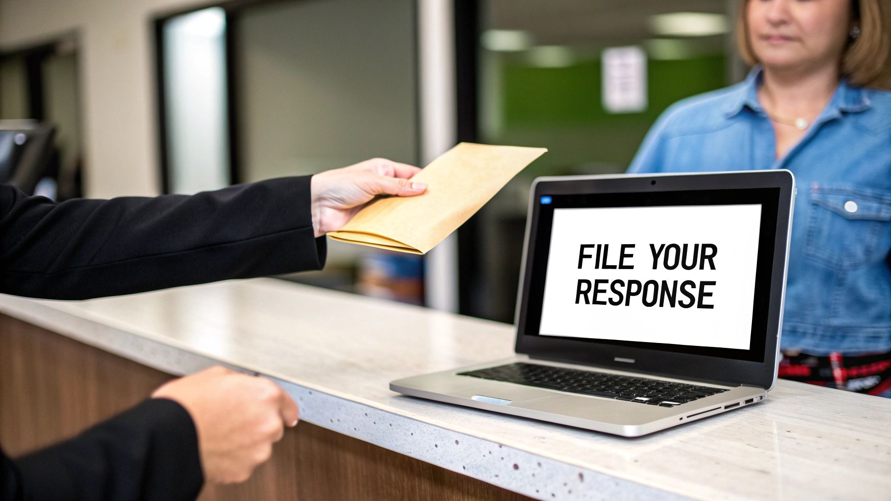 A person in a suit hands a brown envelope over a counter, with a laptop displaying 'FILE YOUR RESPONSE'.