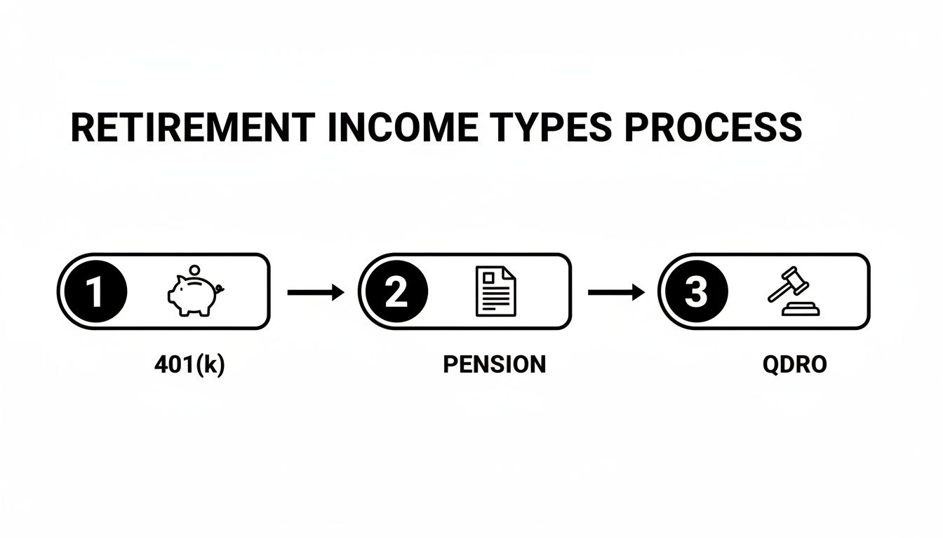 A flowchart illustrates the retirement income types process, including 401(k), pension, and QDRO.