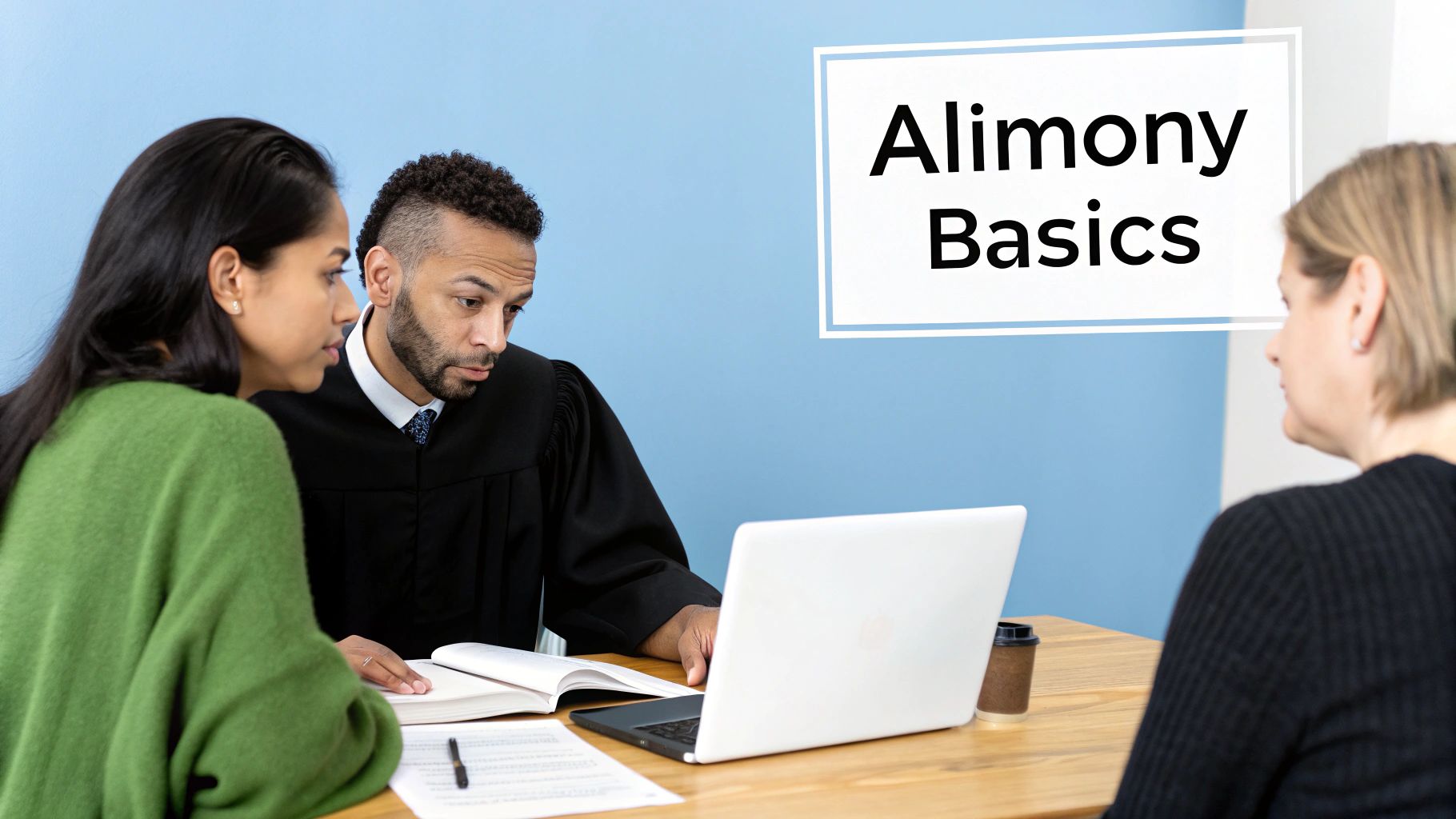 A judge in a black robe discusses alimony basics with two women at a table with a laptop.