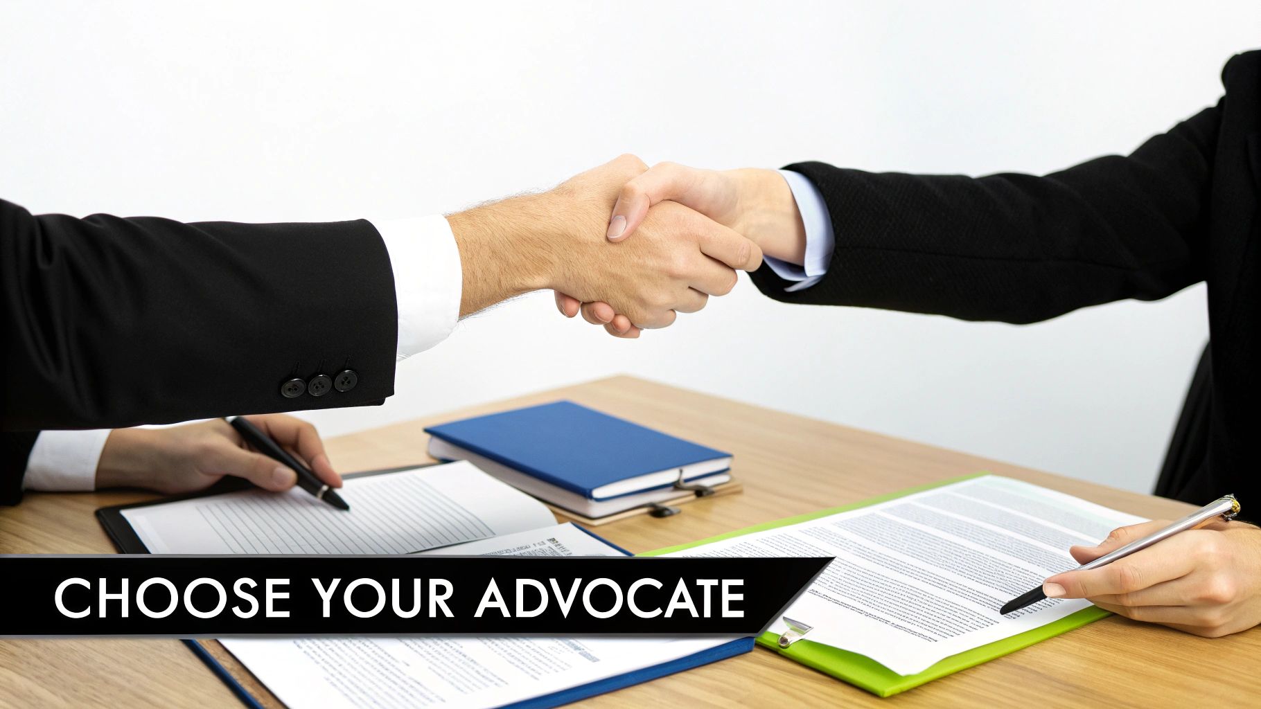 Two professionals shaking hands over a desk with documents, one signing, symbolizing legal consultation.