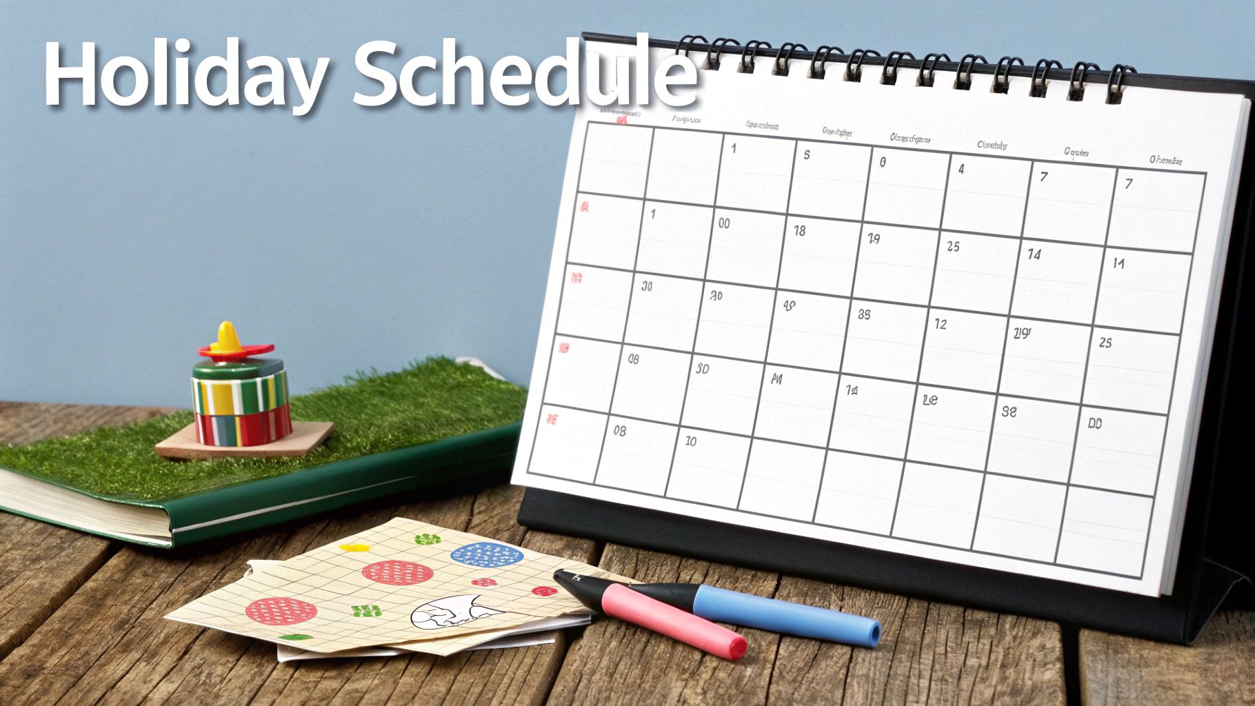 A calendar titled "Holiday Schedule" on a wooden table with a book, toy, and pens.