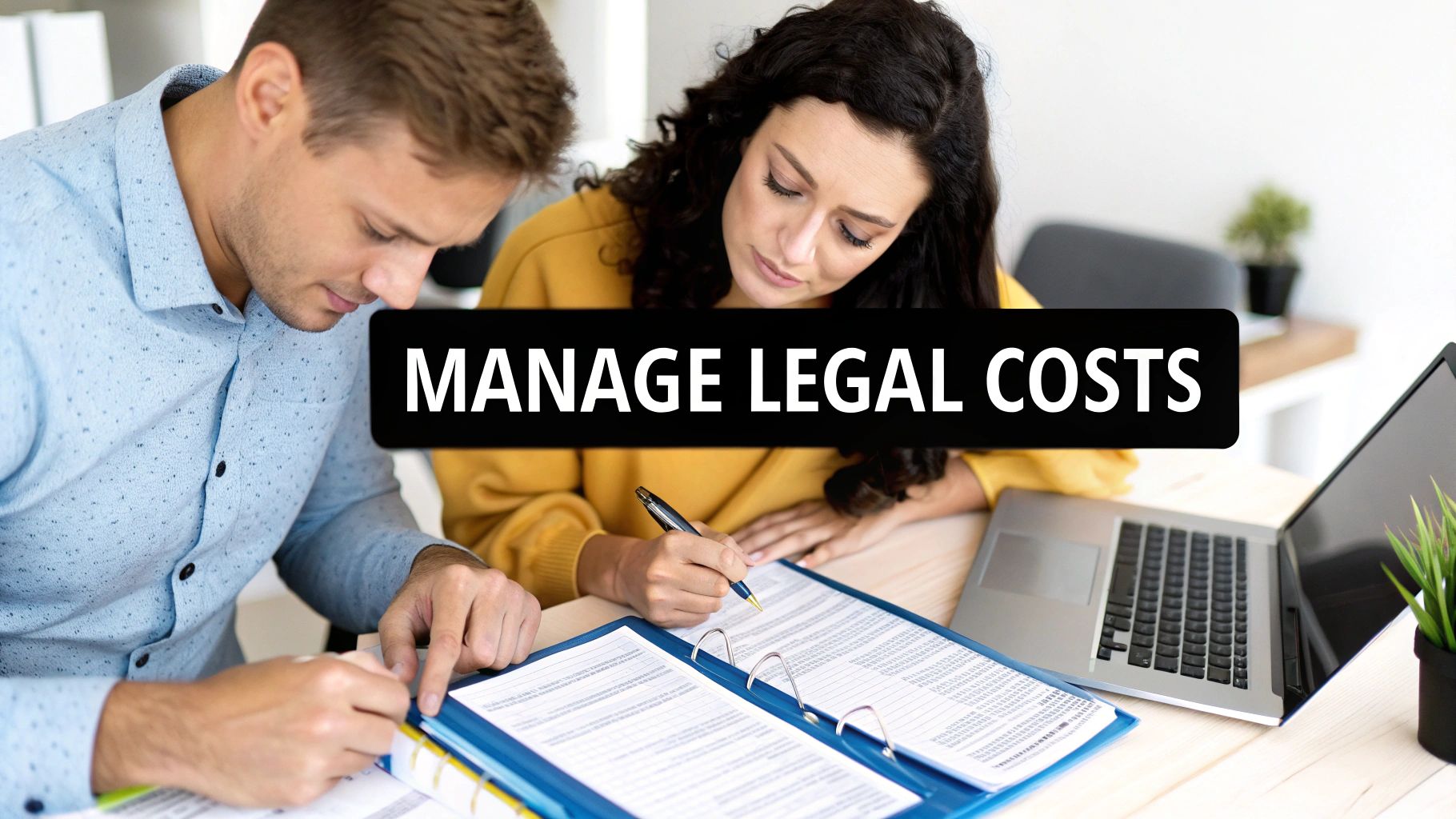 Two individuals reviewing legal documents and managing legal costs at a desk with a laptop.