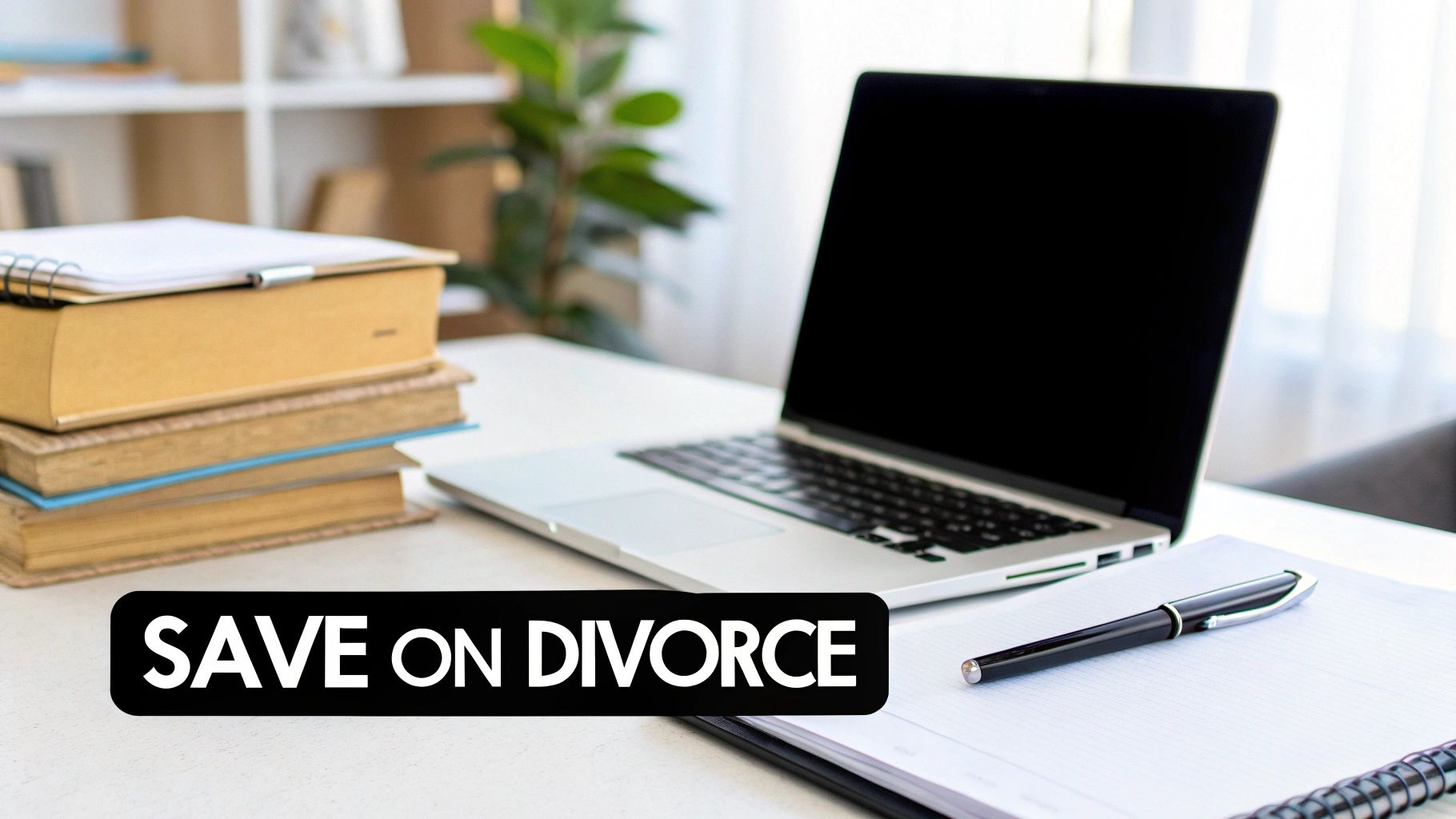 A desk setup with a laptop, stacked books, a notebook, and a pen, with 'SAVE ON DIVORCE' text.