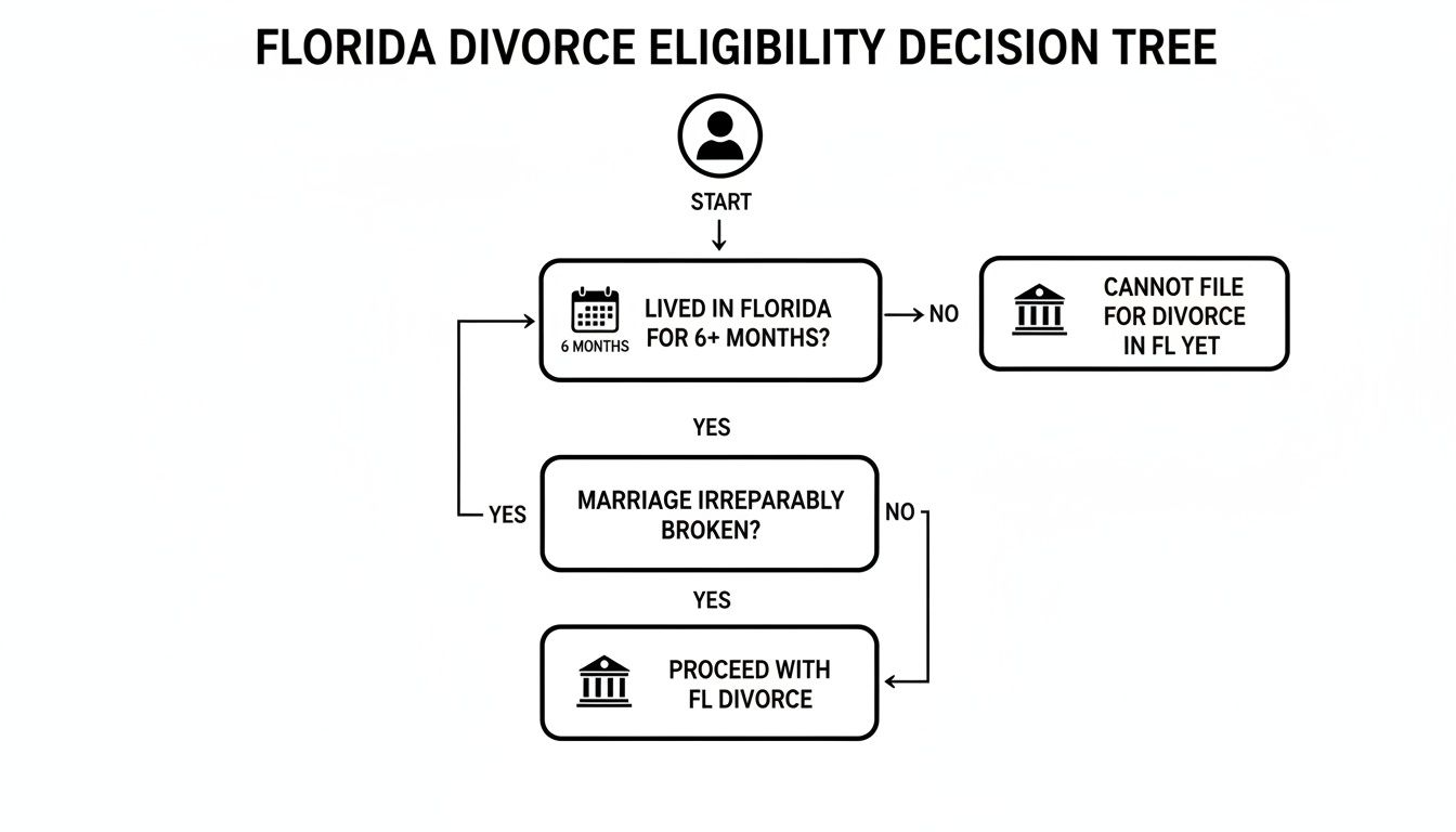 Decision tree flowchart outlining Florida divorce eligibility requirements based on residency and marriage status.