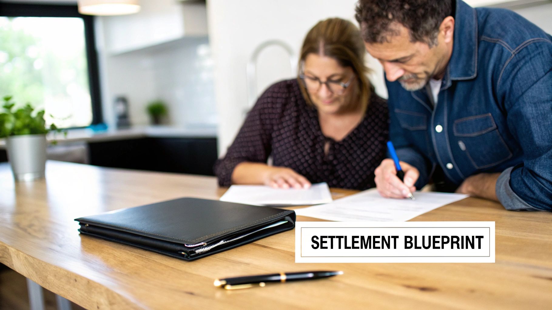 A man signs a document at a wooden table while a woman reviews papers, with a text overlay 'SETTLEMENT BLUEPRINT'.