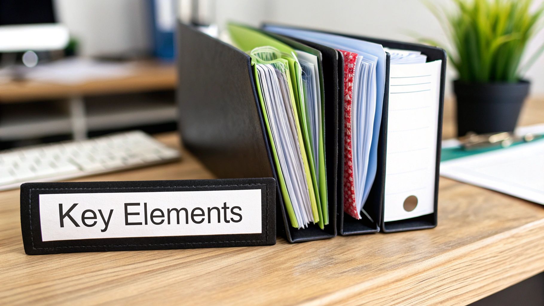 A desk with several binders, one labeled 'Key Elements', alongside a keyboard and a plant.