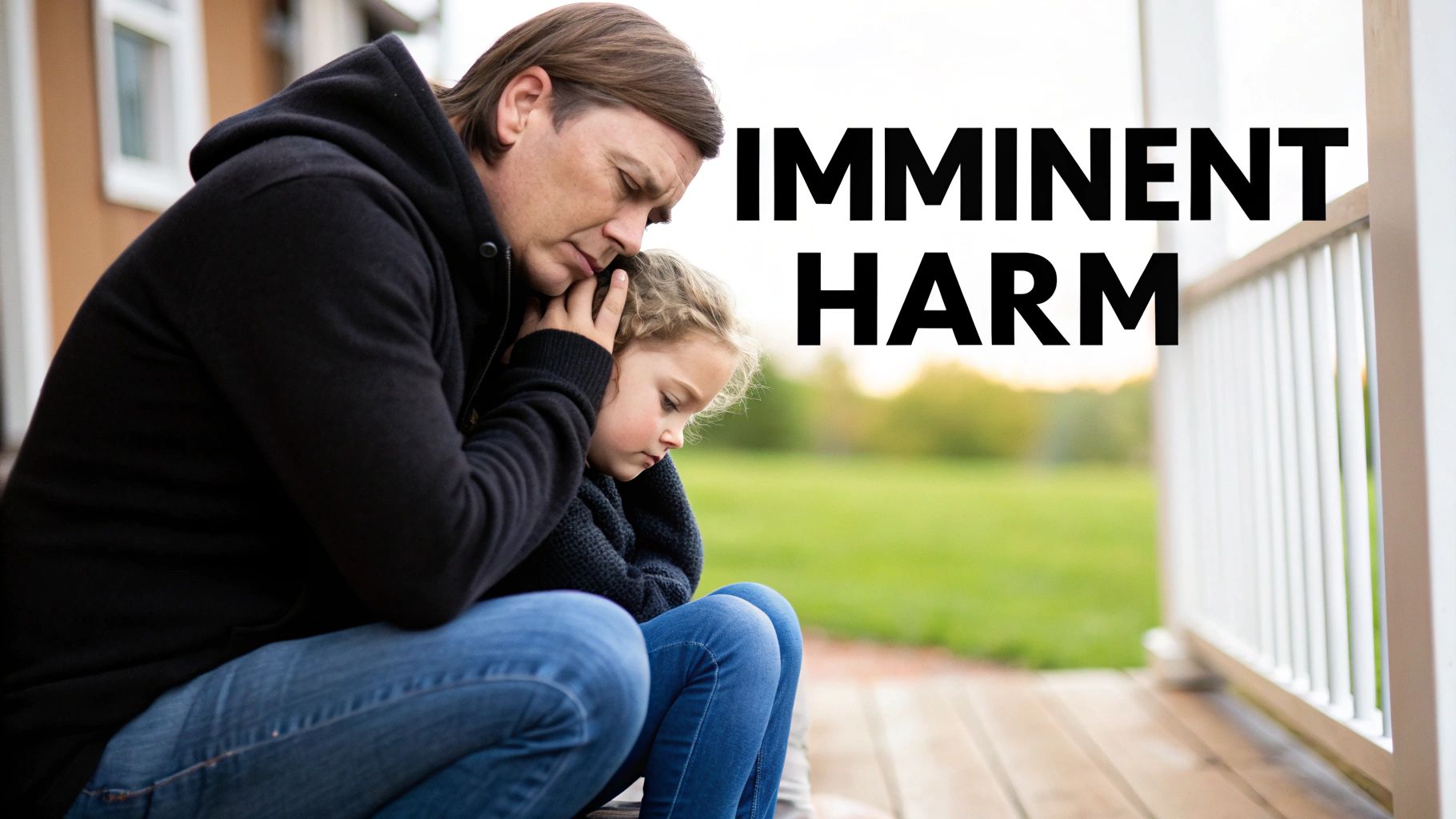 Man embracing a young girl, both looking upset, on a porch, with overlaid text 'IMMINENT HARM'.