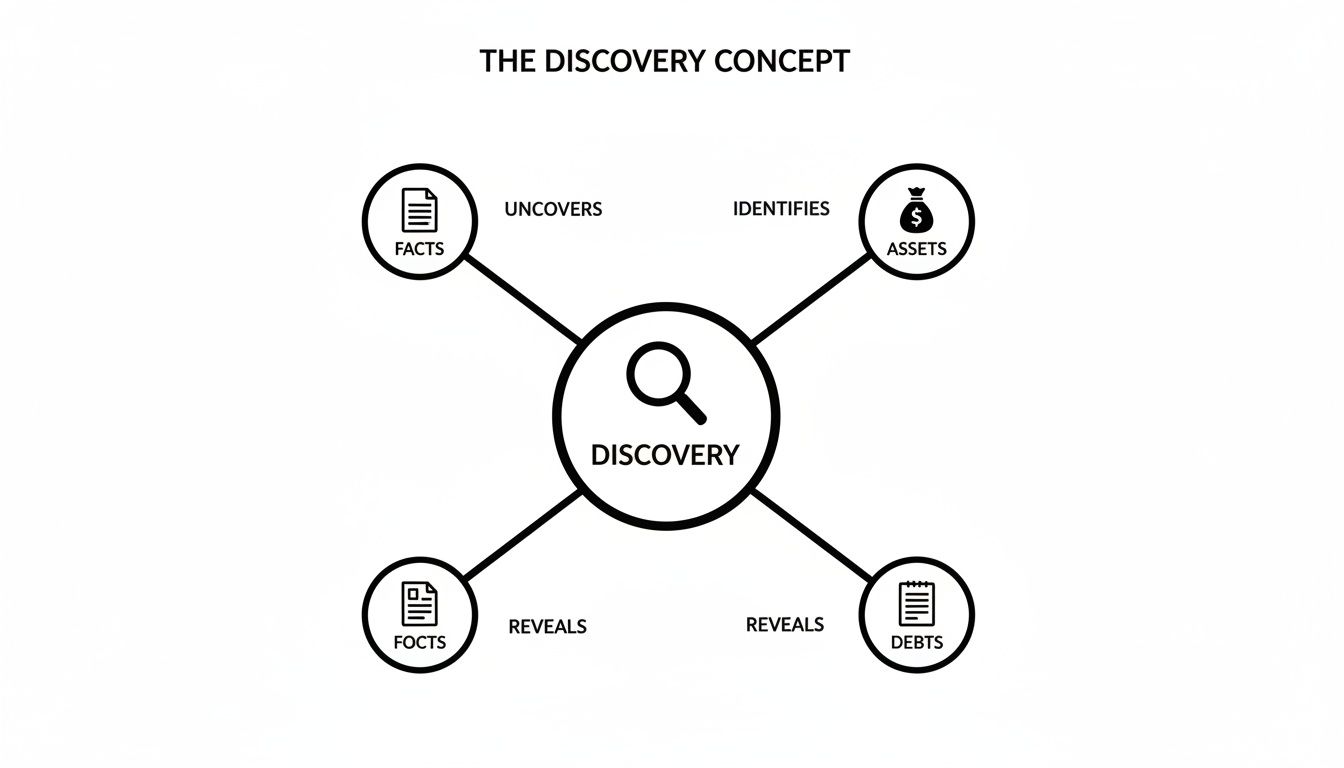 Diagram illustrating the Discovery Concept, showing its relationship to facts, assets, and debts.