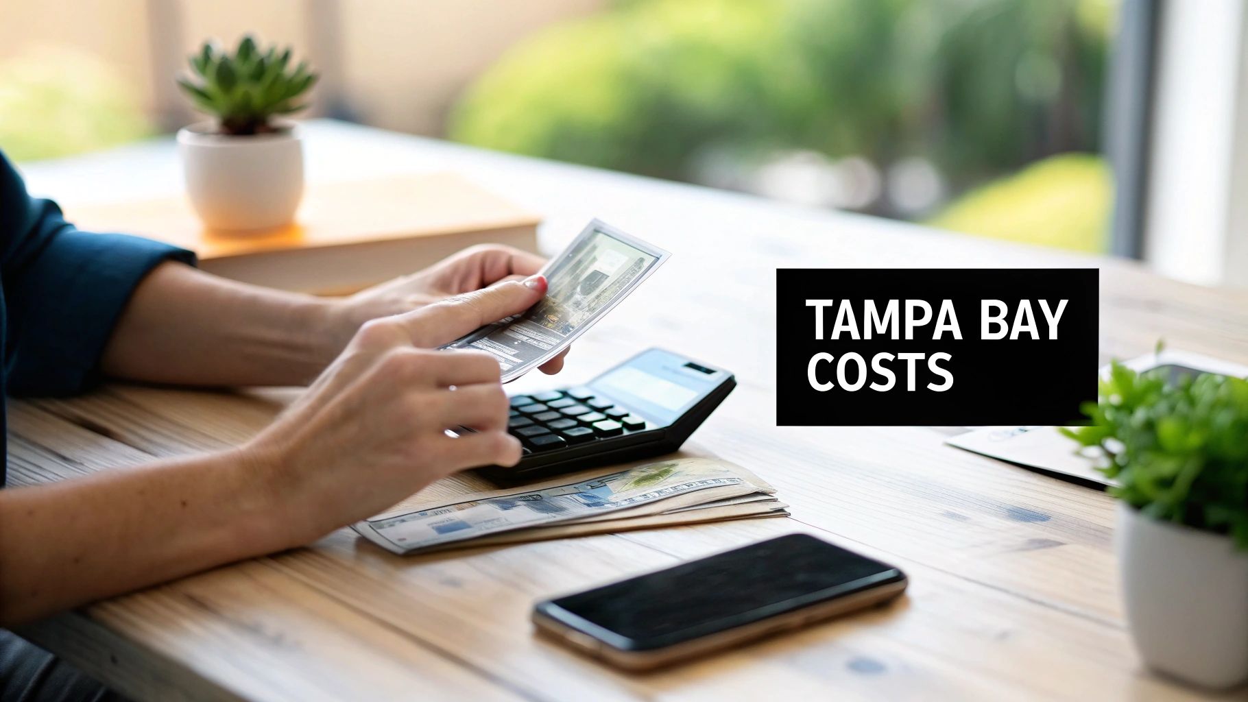 Person counting dollar bills with a calculator on a wooden desk, with 'TAMPA BAY COSTS' overlay.